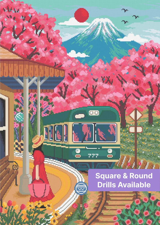 Cherry blossom train station landscape with mountain, vibrant pink trees, and vintage teal train