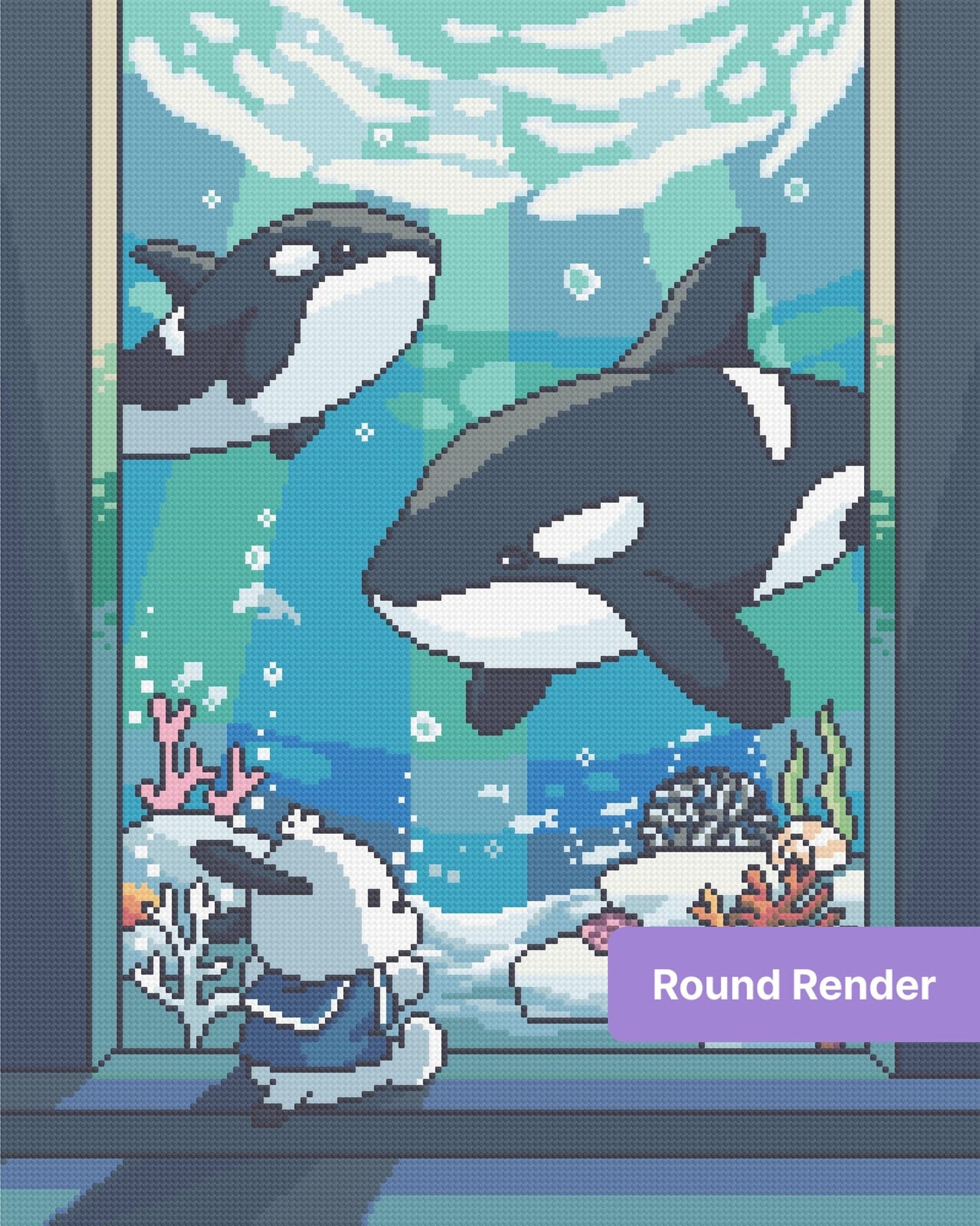 Cartoon orcas swimming underwater with a bunny, coral reef, and ocean blues