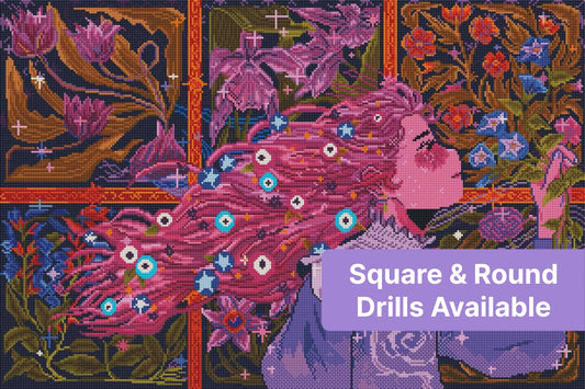 Fantasy girl with flowing pink hair surrounded by vibrant floral panels and ornate purple details