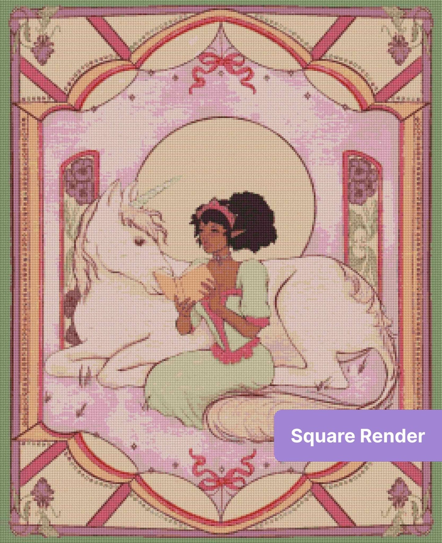 Fairy girl reading beside a white unicorn in a pastel ornate fantasy frame