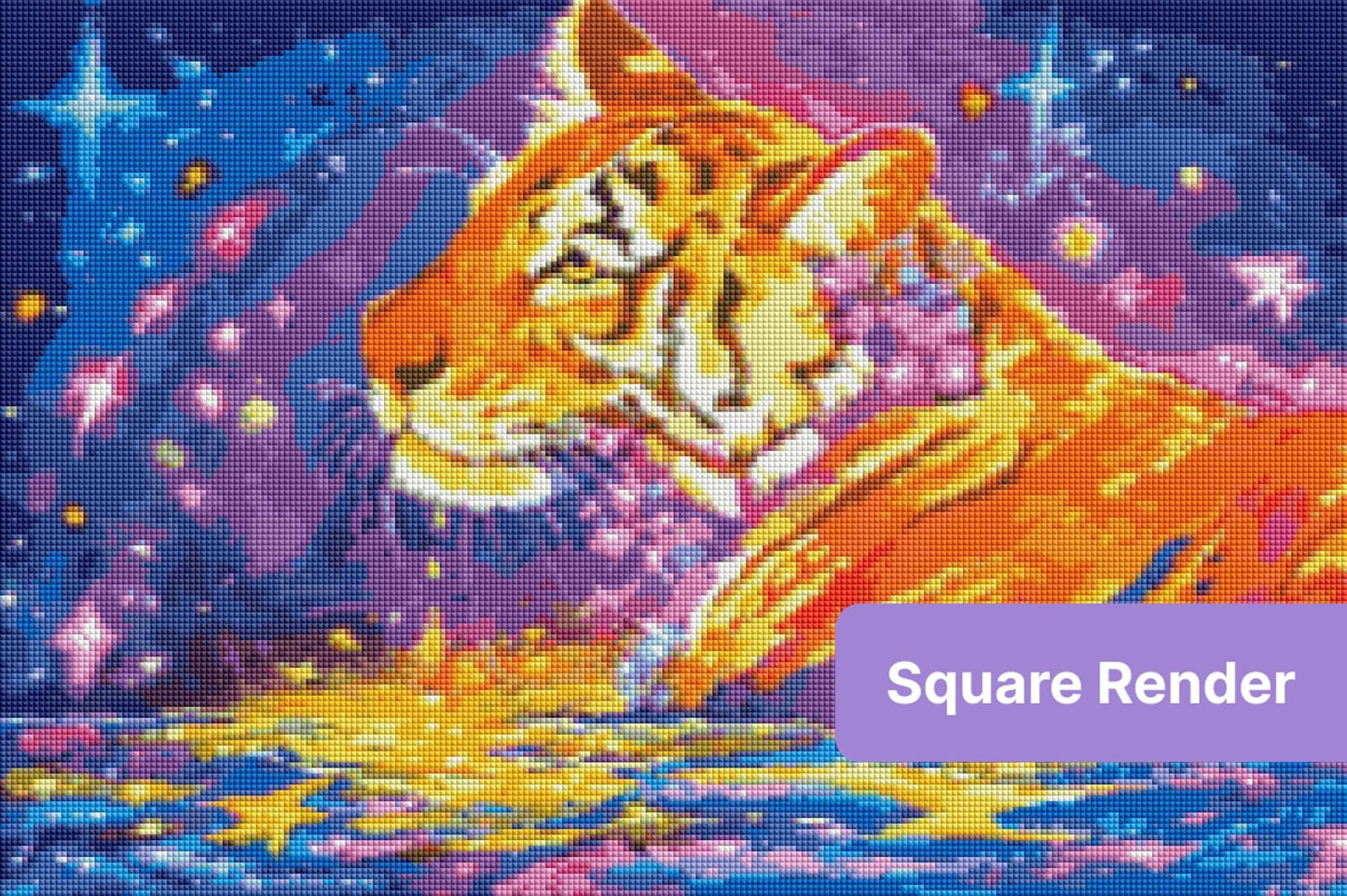 Vibrant tiger portrait with cosmic purple sky, stars, and glowing orange tones