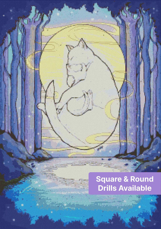 White sleeping cat in a glowing moonlit forest with purple trees and a dreamy blue lake