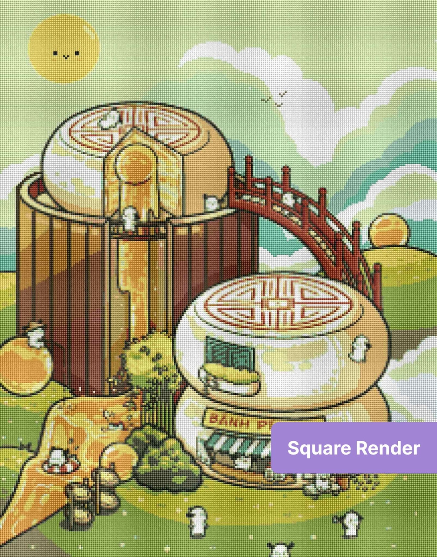 Cute fantasy bakery village with pastel pastry buildings, golden details, and tiny cartoon characters