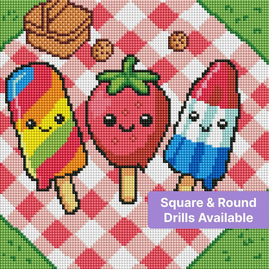 Cute cartoon popsicles on a pink checkered picnic blanket in bright summer colors