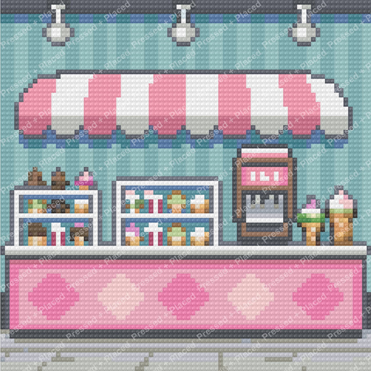 Pastel ice cream shop scene with dessert counter, striped awning, and sweet treats