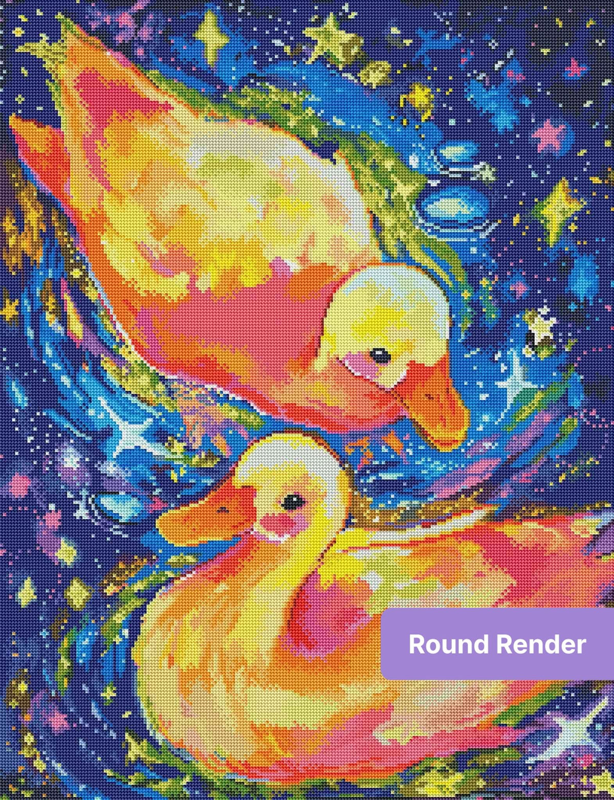 Two colorful ducklings floating through a vivid starry galaxy in watercolor style