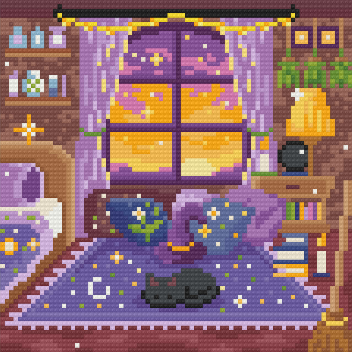 Four witchy bedroom diamond art scenes in purple and cozy fantasy tones