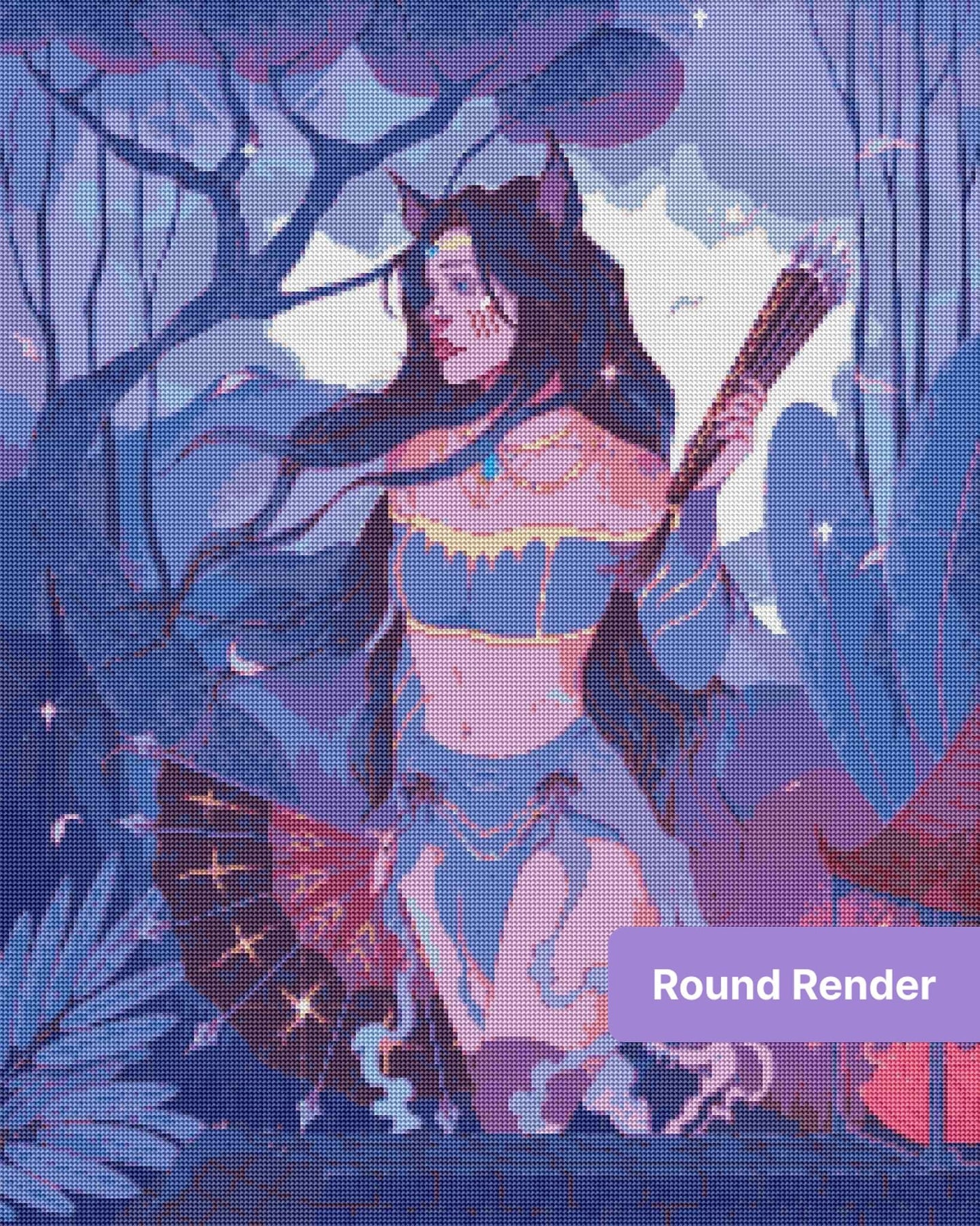 Fantasy cat girl with long flowing hair, moonlit trees, and drifting petals in blue-purple tones