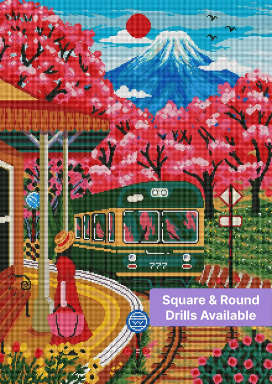 Cherry blossom train station landscape with mountain, vibrant pink trees, and vintage teal train