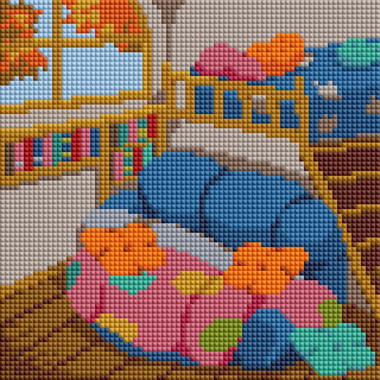 Four cabin-themed diamond painting designs with cozy interiors, warm colors, and rustic details