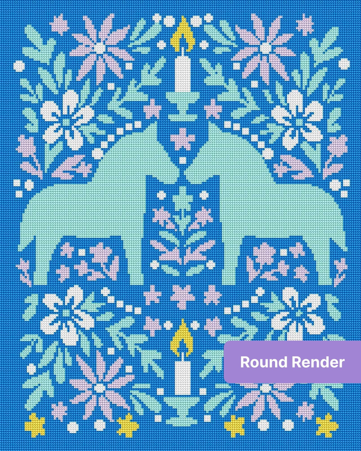 Mirrored horse floral folk art with candles on a blue background
