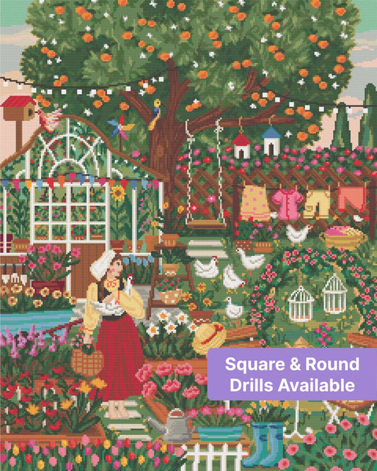 Whimsical cottage garden scene with flowers, chickens, greenhouse, and a woman in traditional dress