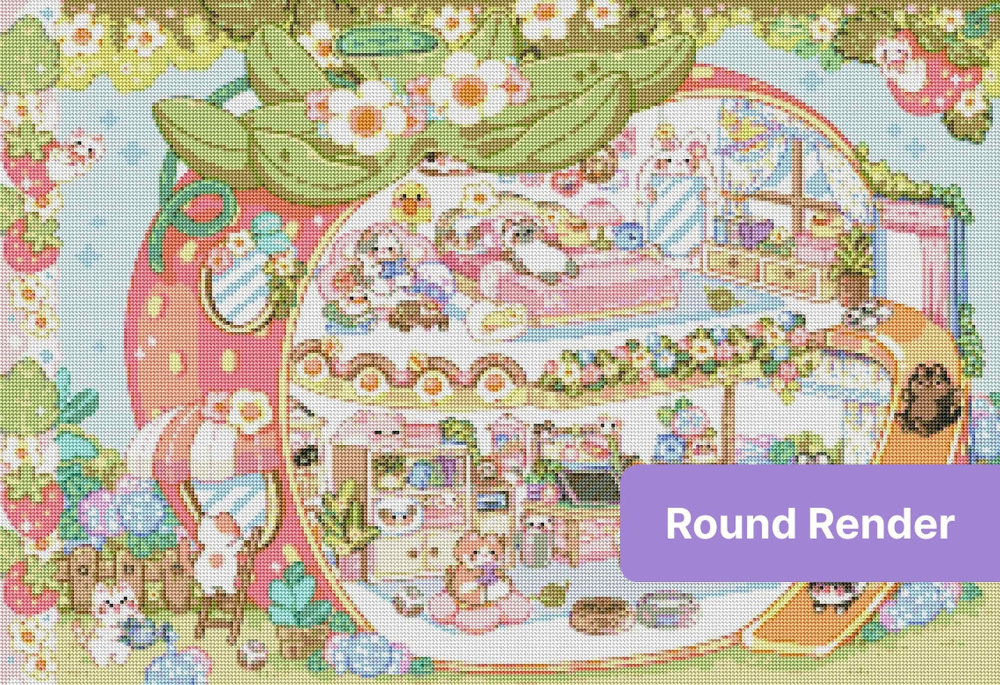 Kawaii strawberry house with cute animals, pastel rooms, and floral fantasy decor