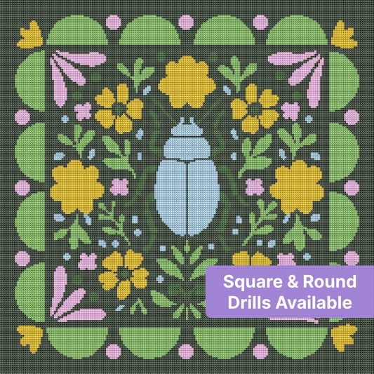 Stylized beetle surrounded by colorful floral folk art pattern on dark background