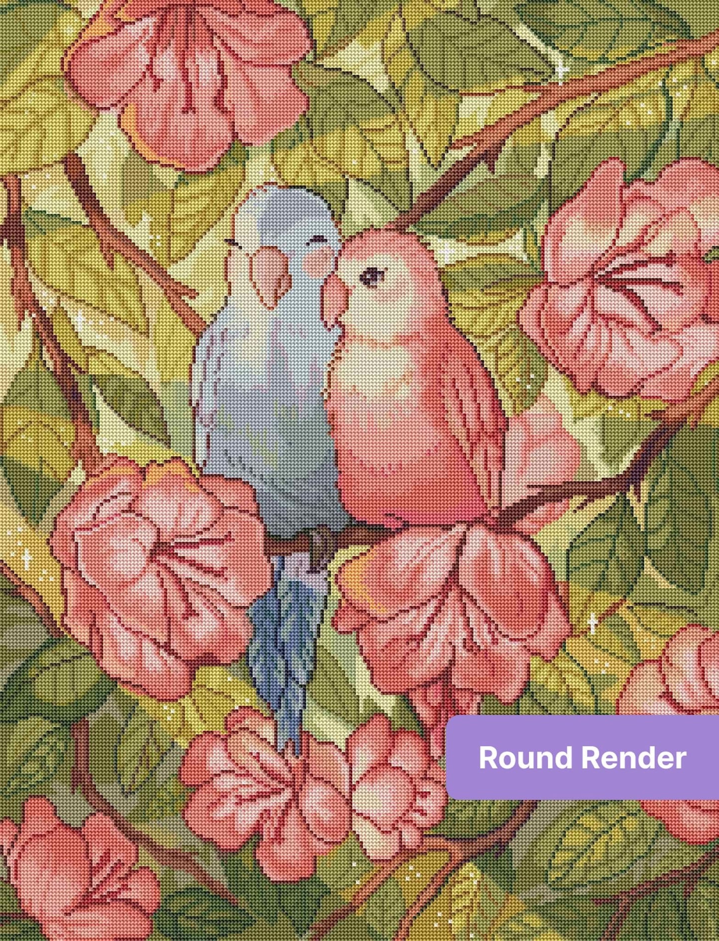 Watercolor parrots perched among pink flowers and green leaves in a soft botanical style