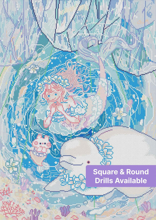 Pastel mermaid floating with whale and dolphin in a dreamy underwater fantasy scene
