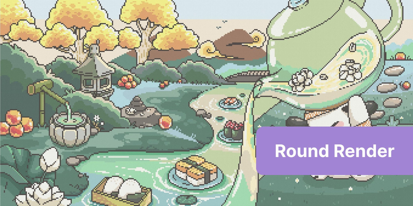 Cute bunny in a pastel Japanese garden with pond, pagoda, and autumn trees