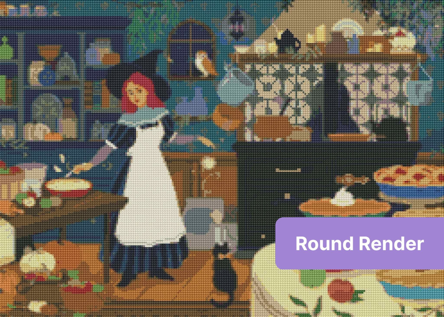Whimsical witch baking pies in a cozy autumn kitchen with rustic cottagecore details
