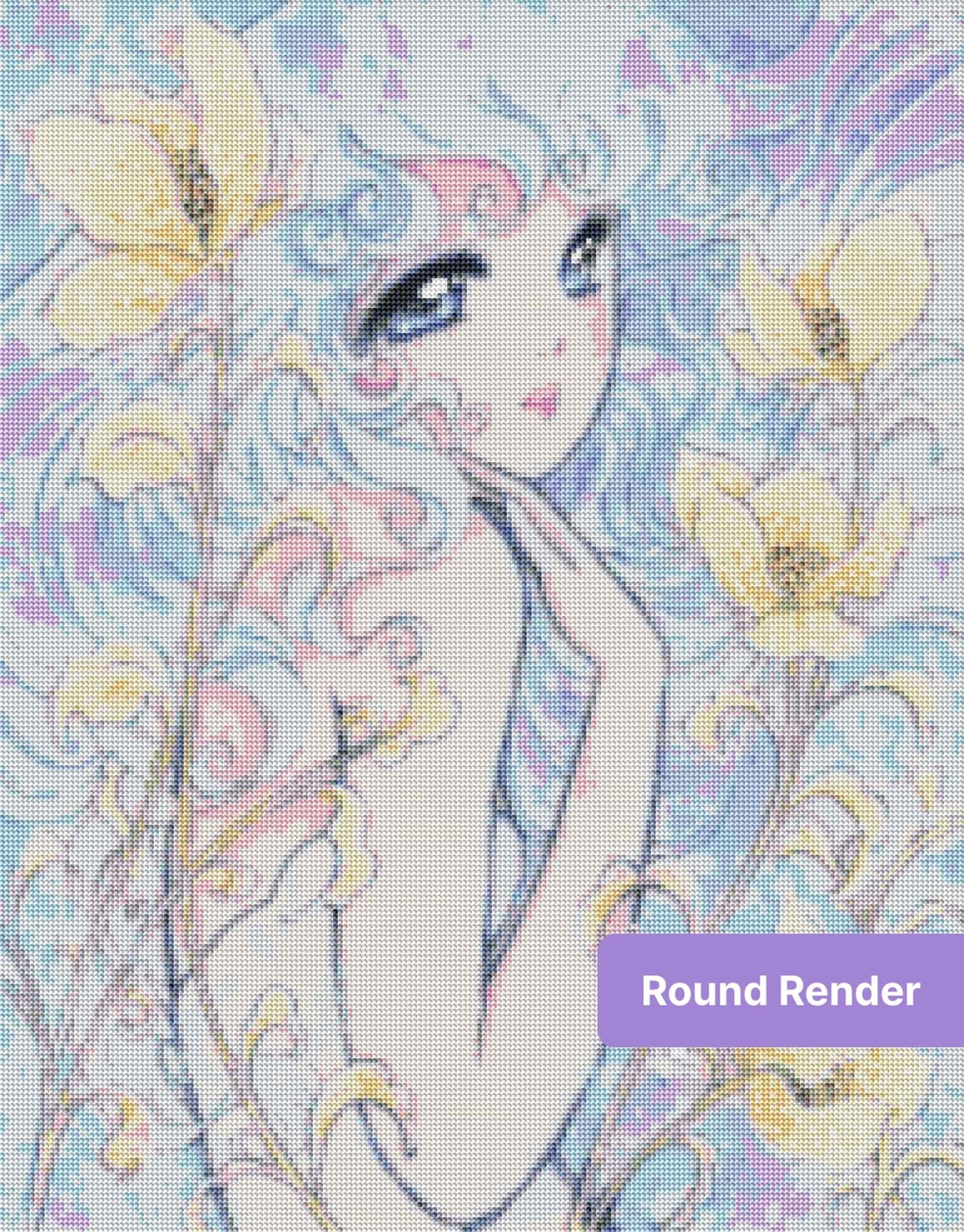 Pastel fairy girl surrounded by yellow flowers in a soft lavender fantasy style