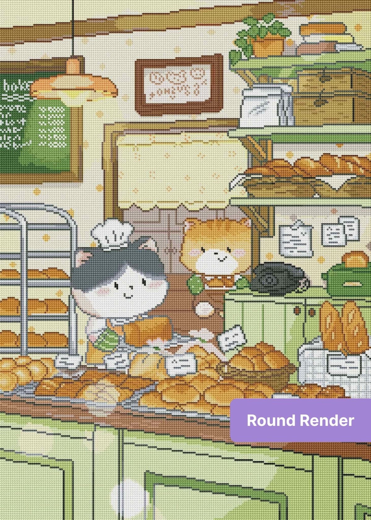 Cute cat bakers in a cozy bakery with fresh bread, pastries, and warm pastel décor
