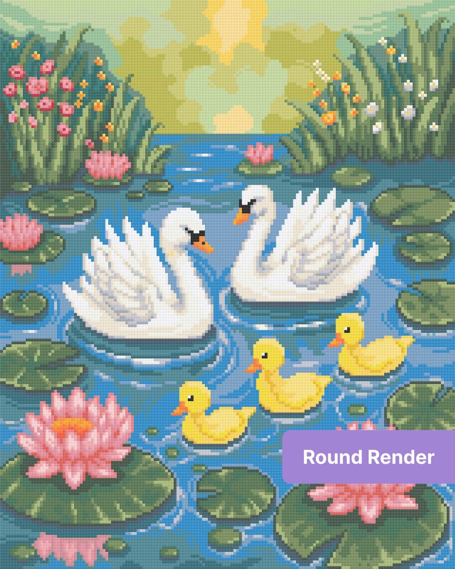 Swan family with ducklings on a lily pond in colorful mosaic style