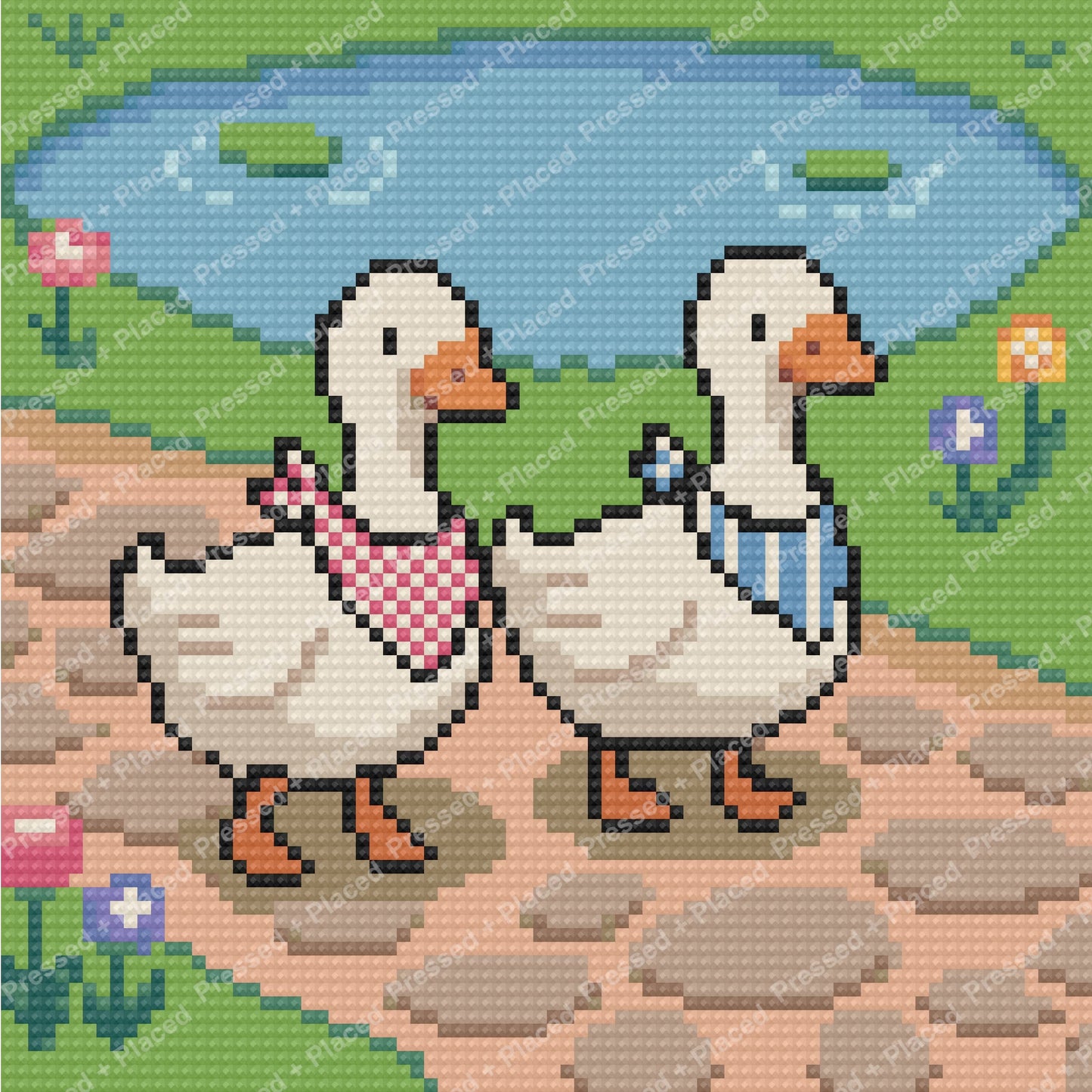 Two white ducks in a colorful garden with flowers and a pond in pixel-art style