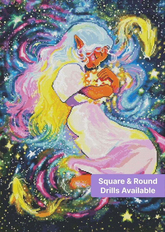 Colorful unicorn in a cosmic fantasy scene with stars and rainbow swirls