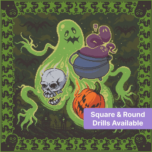 Pixel-style ghost stirring a cauldron with skull, pumpkin, and Halloween border