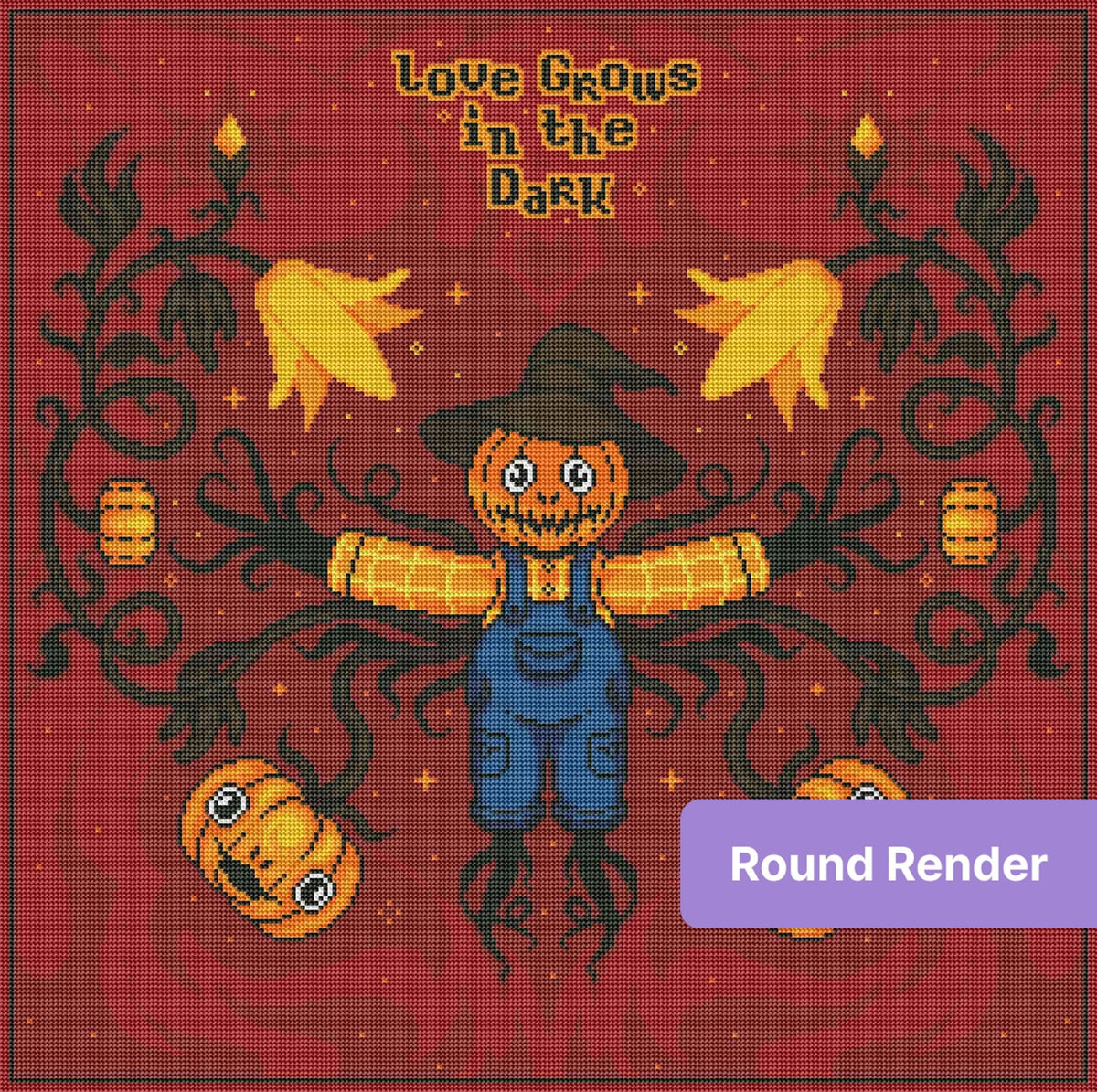 Pixel art scarecrow with pumpkins, candles, and dark vines on a red Halloween background