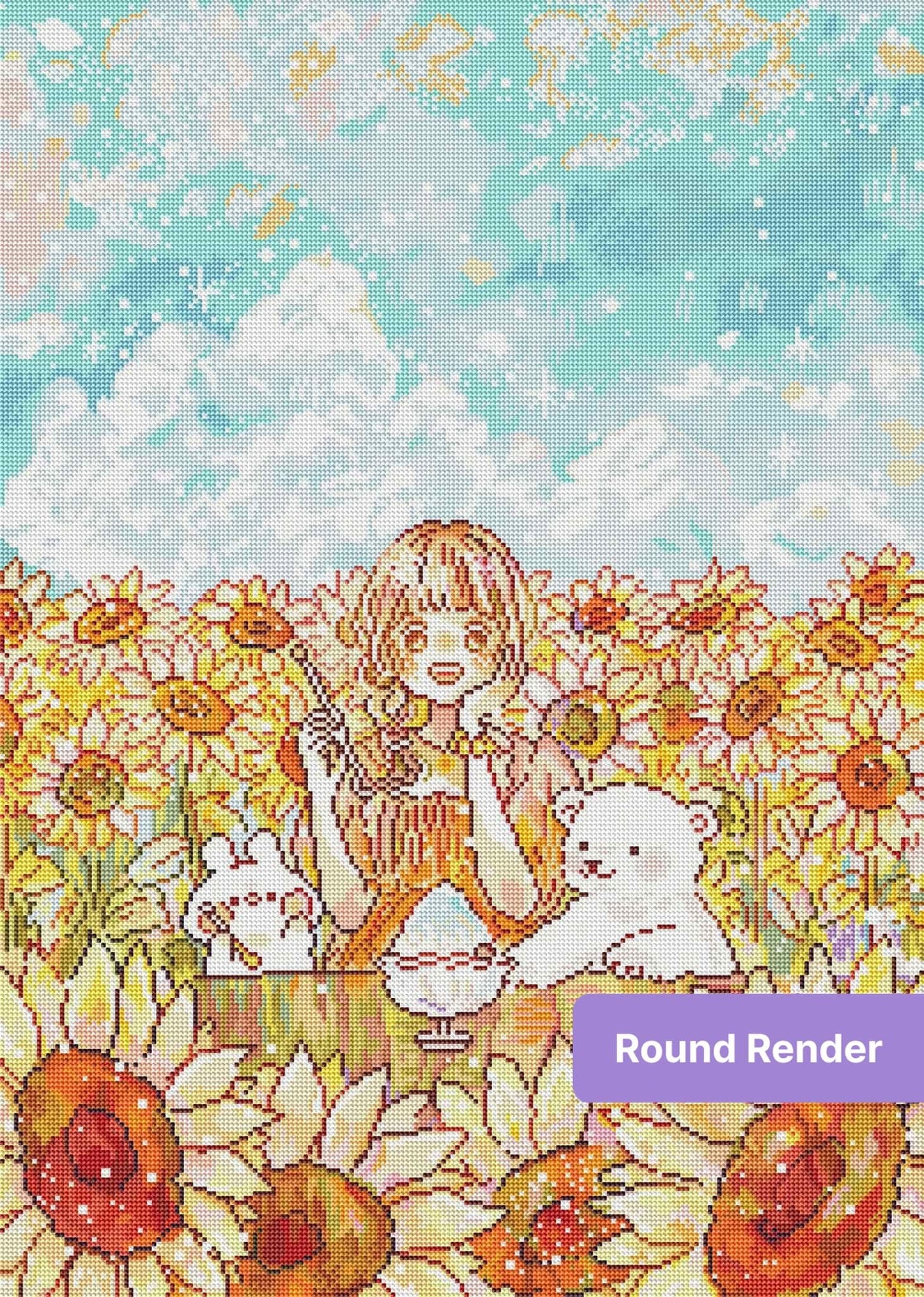 Whimsical girl in a sunflower field with bears, pastel sky, and storybook style