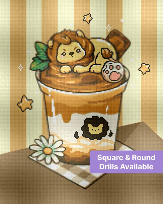 Cute lion cub dessert cup illustration with warm brown tones, stars, and a daisy