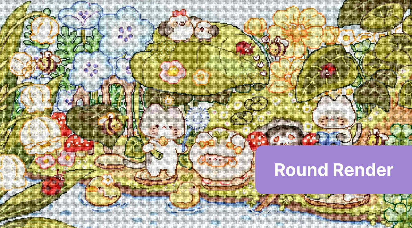 Cute pastel animal garden scene with flowers, bees, and whimsical woodland characters