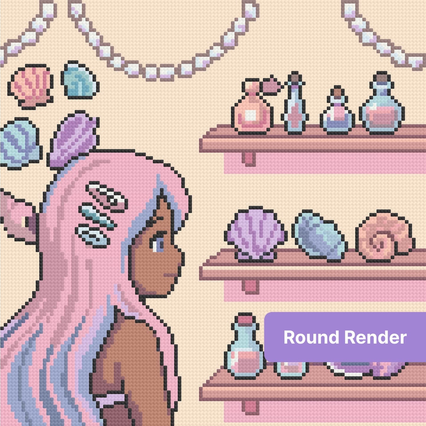 Pastel mermaid girl with seashells and bottles in a whimsical fantasy style