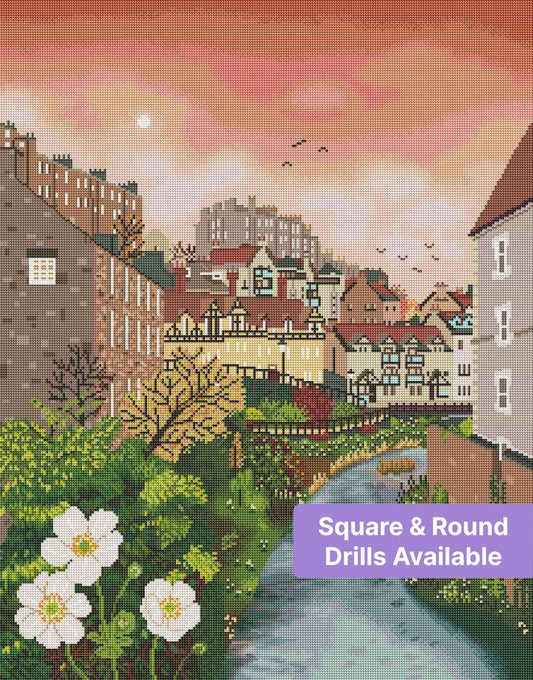 Illustrated village landscape with river, pink sunrise sky, flowers, and charming rooftops
