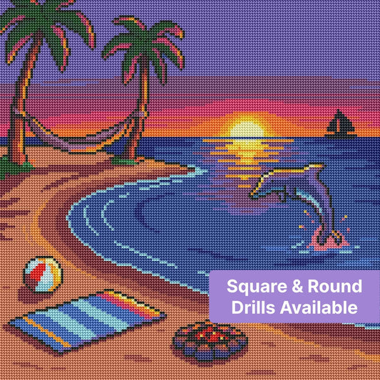 Tropical beach sunset diamond art with palm trees, dolphin, and calm ocean water