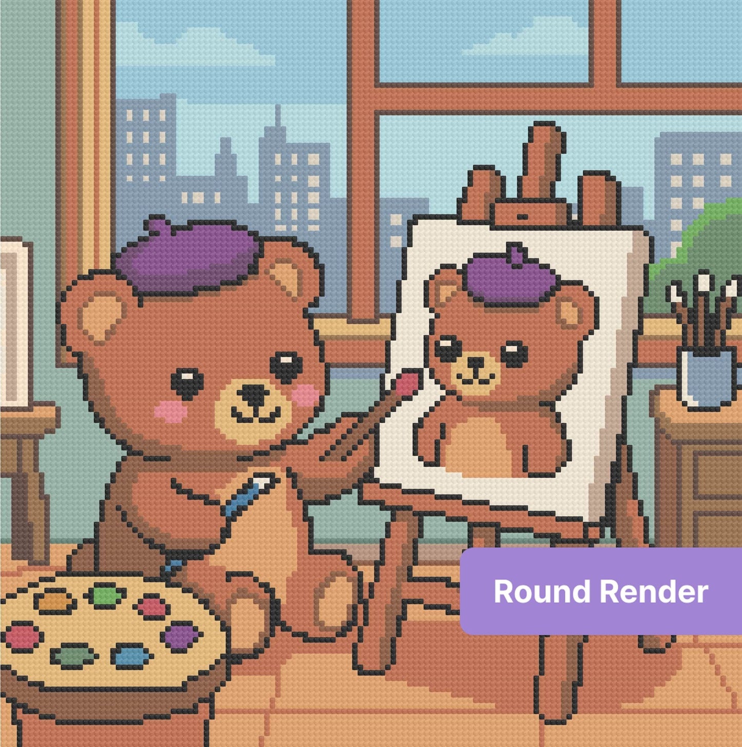 Cartoon bear painter in a cozy studio with easel, palette, and city window backdrop