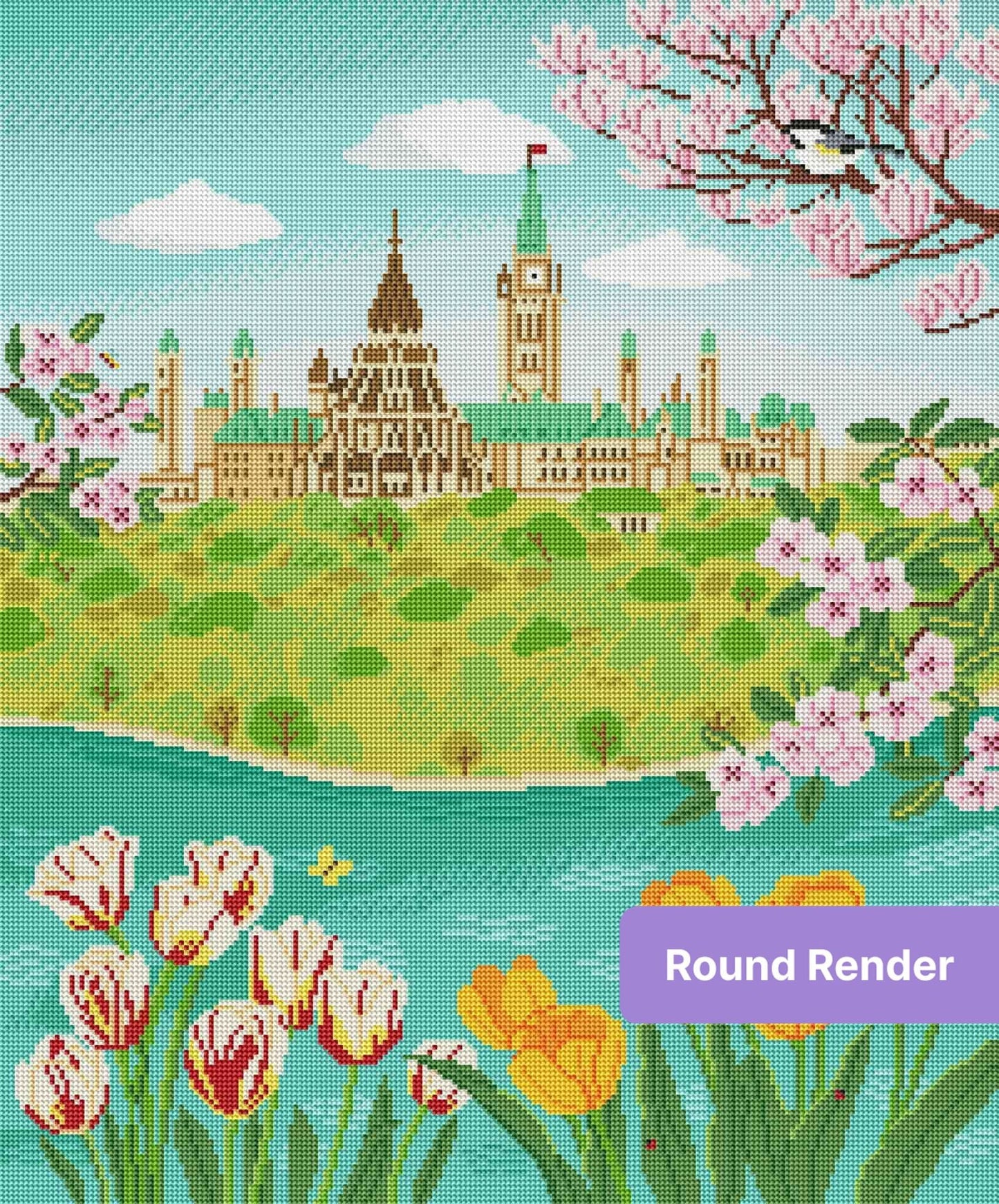 Illustrated Ottawa skyline with tulips, cherry blossoms, river, and spring greenery