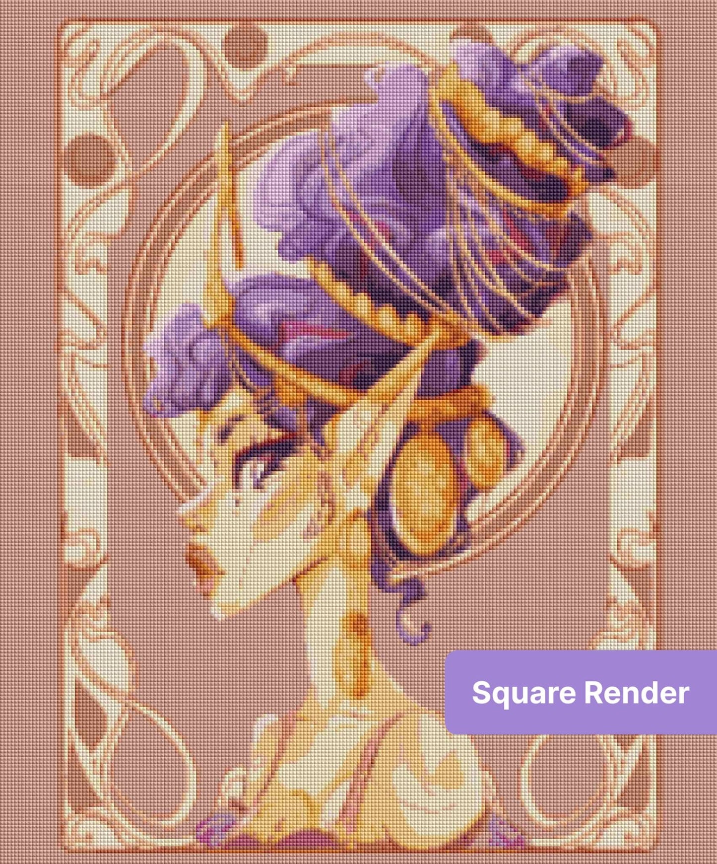 Fantasy woman with purple hair, gold jewelry, and ornate decorative framing