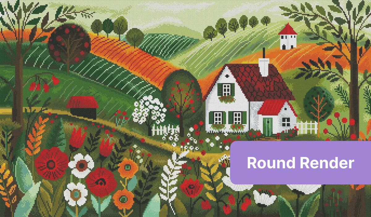 Whimsical countryside cottage with rolling hills, wildflowers, and red-roofed houses