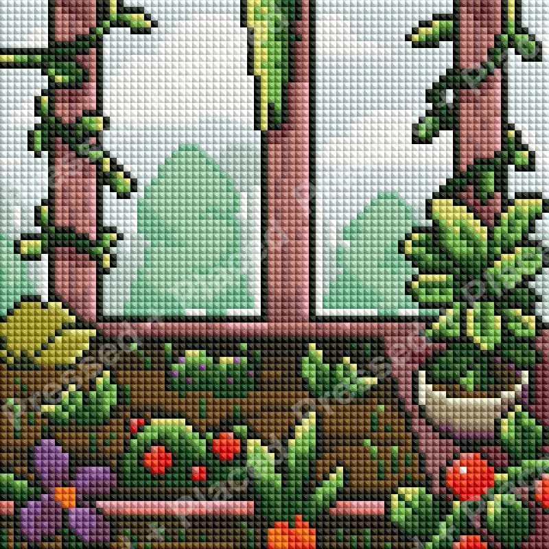 Diamond painting kit of a window garden with climbing vines and colorful potted plants