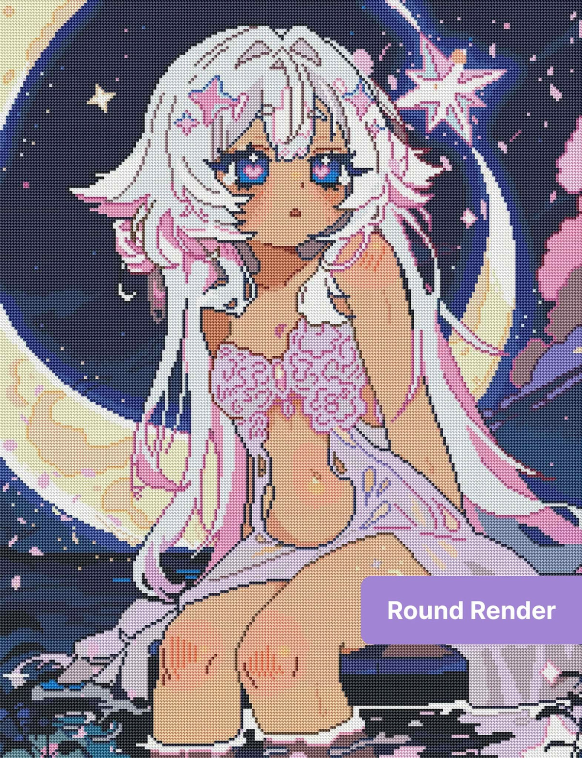 Anime moon girl with white hair, star accents, and pastel fantasy night sky