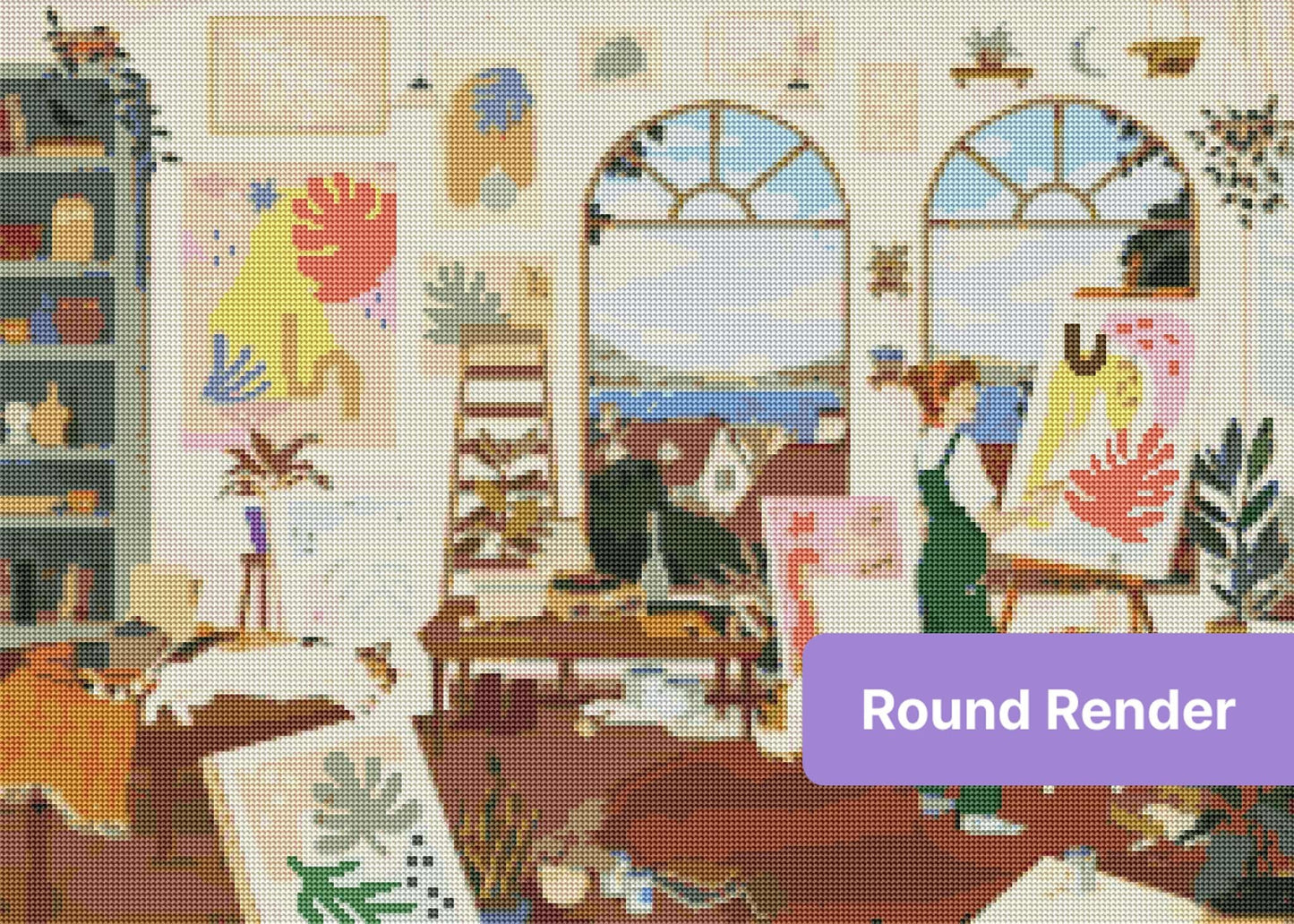 Cozy art studio scene with painter, plants, pets, and arched windows in soft colors
