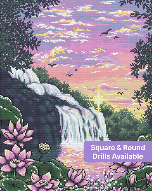 Pastel sunset waterfall scene with lotus flowers, birds, and lush tropical foliage