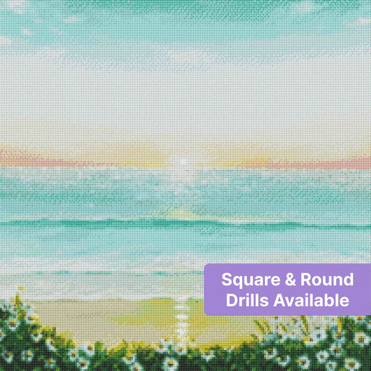 Pastel beach sunrise painting with ocean waves and white wildflowers along the shore