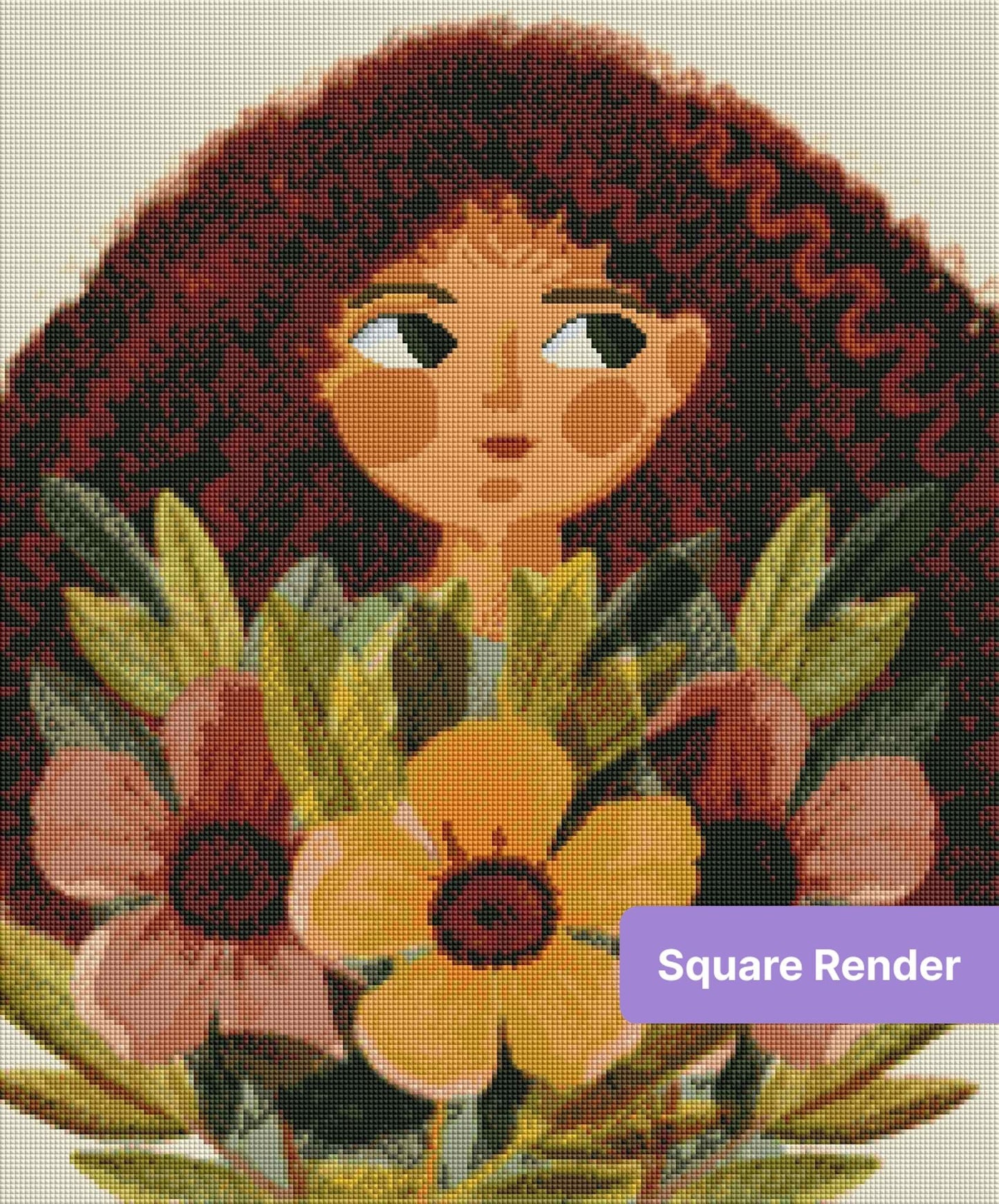 Curly-haired girl holding a colorful floral bouquet in soft watercolor style