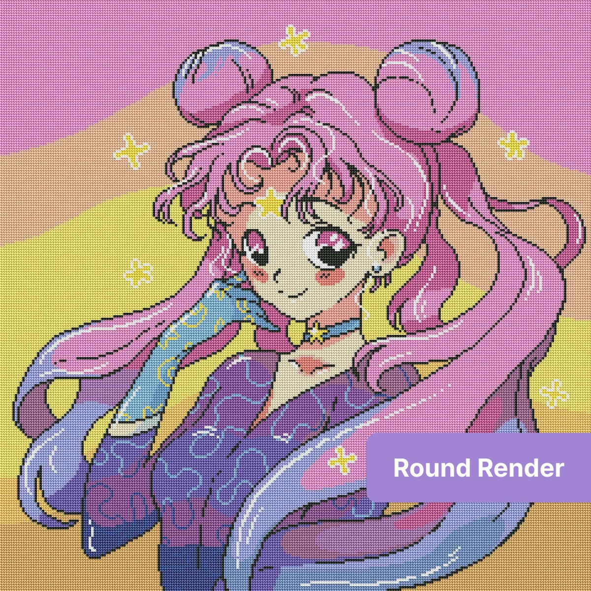 Cute anime girl with pink-purple hair, pastel colors, and star accents in kawaii style
