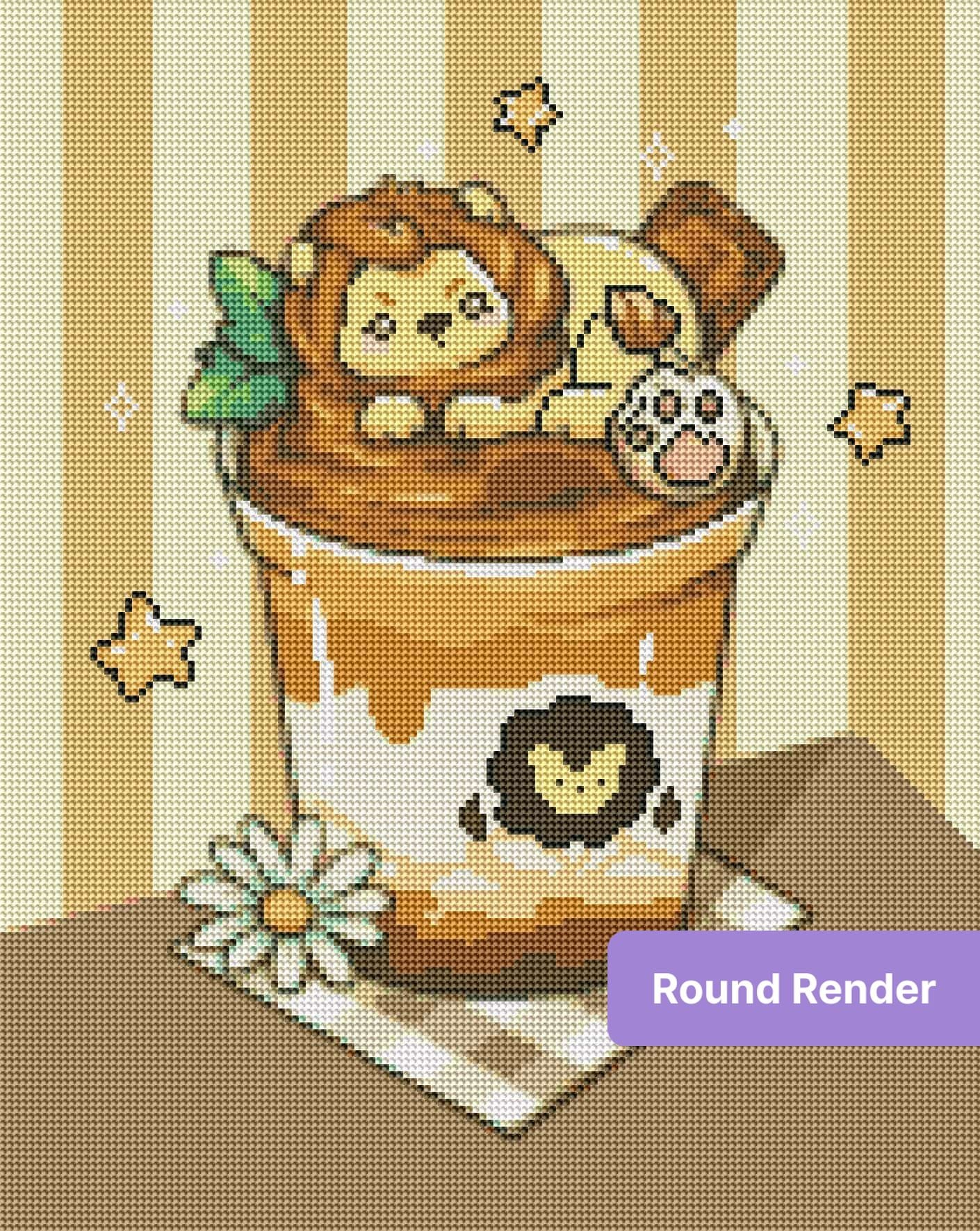 Cute lion cub dessert cup illustration with warm brown tones, stars, and a daisy