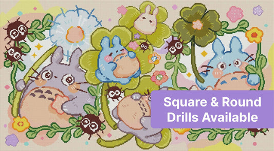Cute pastel bunny garden scene with flowers, whimsical bugs, and cartoon-style characters