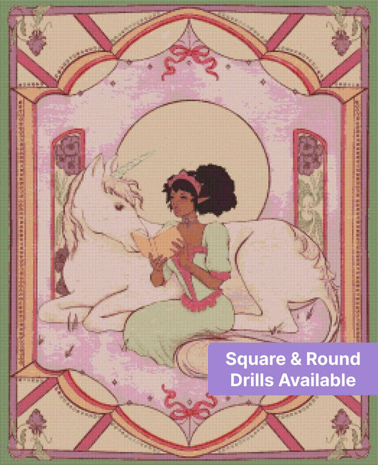 Fairy girl reading beside a white unicorn in a pastel ornate fantasy frame