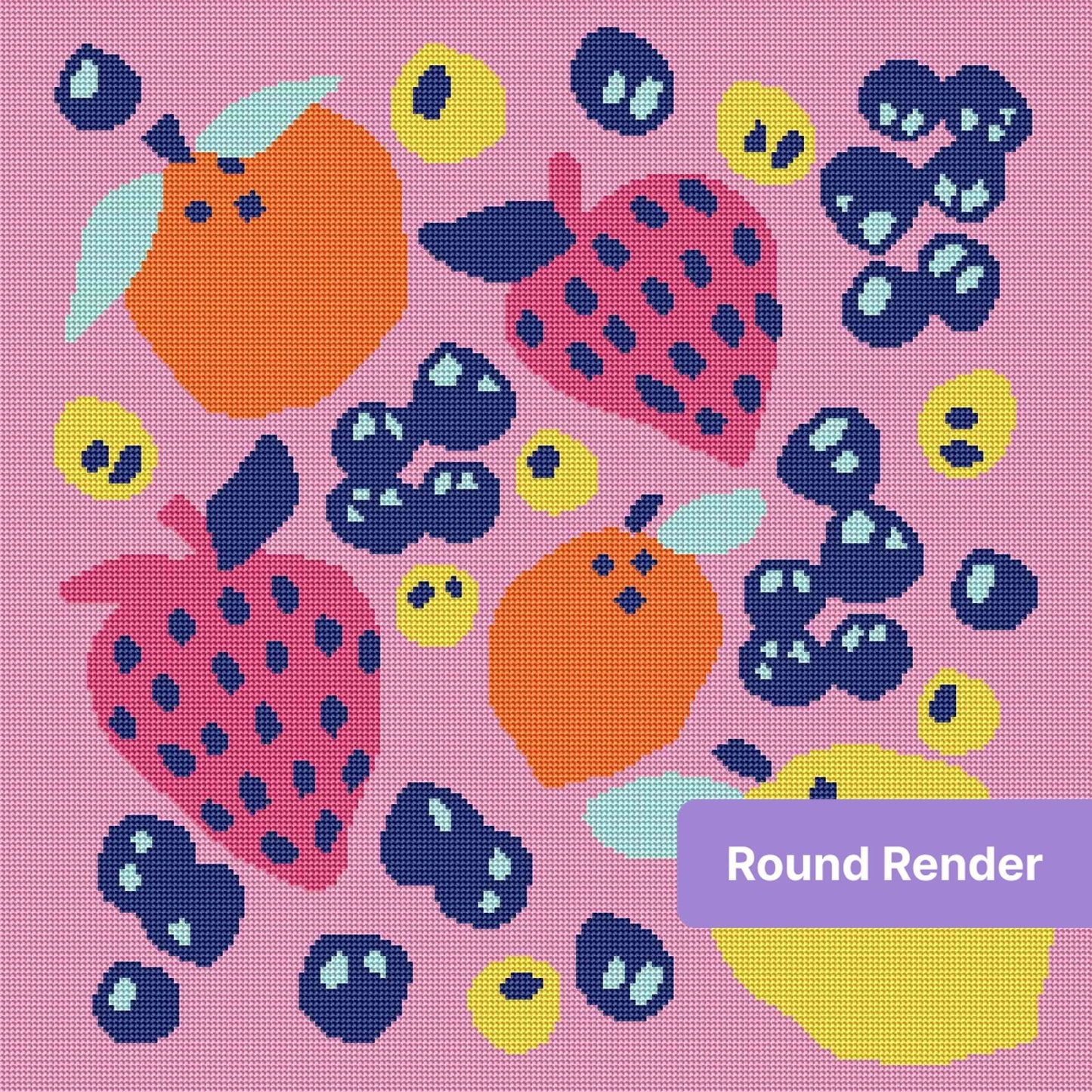 Colorful pop art fruit pattern with bright tropical shapes on a pink background